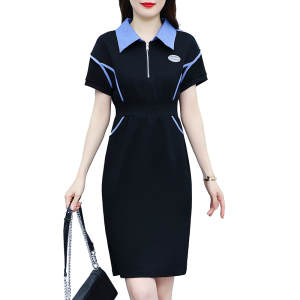 RM4461#设计感拼接黑色连衣裙女2023年夏季中长款收腰显瘦气质休闲卫衣裙