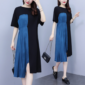 RM14059#大码女装2023夏季新款胖mm拼接撞色短袖修身显瘦中长款连衣裙