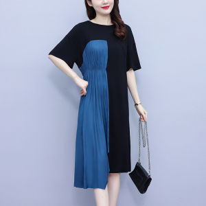 RM14059#大码女装2023夏季新款胖mm拼接撞色短袖修身显瘦中长款连衣裙