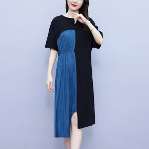 RM14059#大码女装2023夏季新款胖mm拼接撞色短袖修身显瘦中长款连衣裙