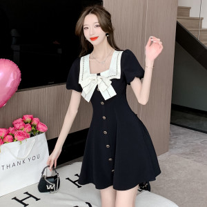 RM4777#黑色针织连衣裙夏短袖新款赫本风蝴蝶结方领裙子女高级感气质短裙
