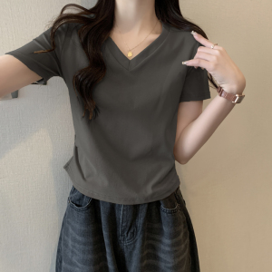 RM4501#夏季新款百搭纯色套头V领纯棉短袖上衣T恤休闲短款显瘦