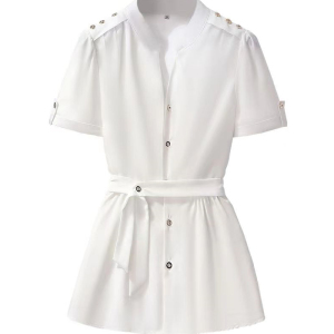TR29475# 白色上衣设计感女小众新款夏短袖衬衫高级感法式别致收腰小衫 服装批发女装批发服饰货源