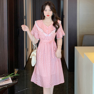 RM13217#夏季女新款韩版中长裙雪纺女装V领荷叶袖系带减龄连衣裙