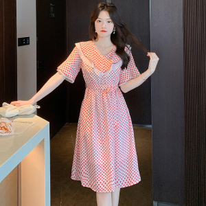 RM13217#夏季女新款韩版中长裙雪纺女装V领荷叶袖系带减龄连衣裙