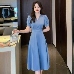 RM4334#夏季新款短袖连衣裙蓝色韩版高腰显瘦V领气质中长款裙子女