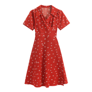 RM4335#大码红色连衣裙女夏梨型身材胖mm裙子显瘦茶歇裙