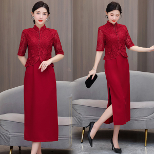 TR46015# 新品春夏改良旗袍假两件女蕾丝红色喜婚宴装长款大牌 礼服批发