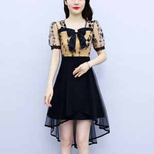 RM7389#大码女装2023夏季新款韩版修身显瘦蝴蝶结网纱拼接遮肉连衣裙