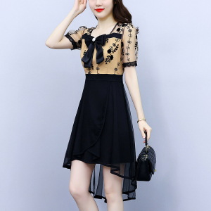 RM7389#大码女装2023夏季新款韩版修身显瘦蝴蝶结网纱拼接遮肉连衣裙