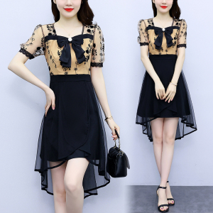 RM7389#大码女装2023夏季新款韩版修身显瘦蝴蝶结网纱拼接遮肉连衣裙