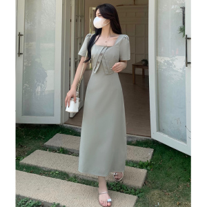 TR19169# 大码女装茶歇法式假两件收腰显瘦方领气质连衣裙