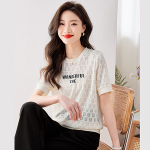 RM15370#蕾丝镂空短袖2023韩版时尚字母设计感小众宽松圆领休闲套头T恤