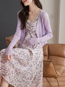 RM4400#新款法式初恋小个子雪纺紫色碎花吊带连衣裙开衫两件套装女夏