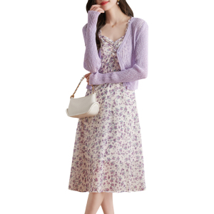 RM4400#新款法式初恋小个子雪纺紫色碎花吊带连衣裙开衫两件套装女夏