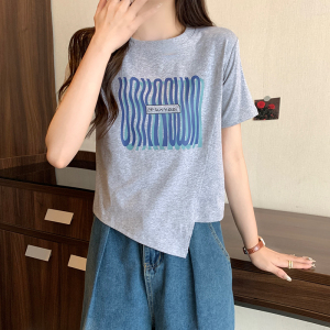 RM5626#大码女装2023夏季新款设计感不规则宽松显瘦印花短袖T恤上衣