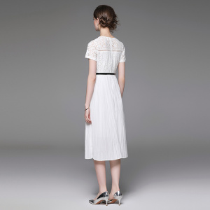 RM5421#新款圆领短袖蕾丝拼接百褶长裙连衣裙