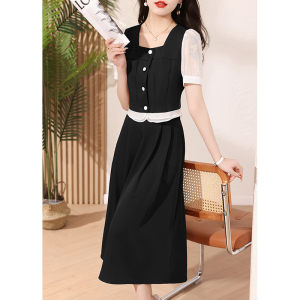 RM5745#夏季新款套装女法式复古名媛微胖茶系穿搭显痩方领连衣裙