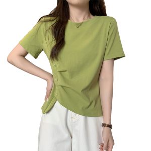 RM4232#夏装新款胖mm百搭显瘦不对称折皱显柔美 上衣T恤