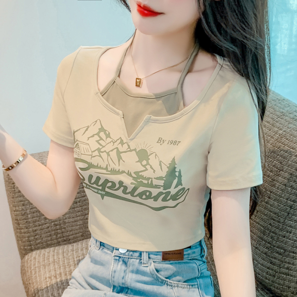 RM15260#甜辣风v领T恤女夏季高腰短款美式复古印花假两件纯棉短袖上衣