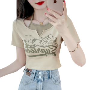 RM15260#甜辣风v领T恤女夏季高腰短款美式复古印花假两件纯棉短袖上衣