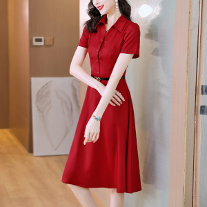 TR35706# 红色连衣裙女夏季新款高级感女神范简约短袖衬衫裙子 服装批发女装批发服饰货源