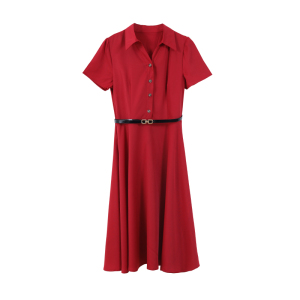 TR35706# 红色连衣裙女夏季新款高级感女神范简约短袖衬衫裙子 服装批发女装批发服饰货源