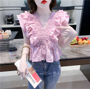 RM7231#V领衬衫女2023年夏季新款法式收腰设计感小众荷叶边气质上衣