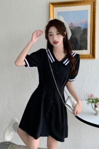 TR31877# 韩版夏季海军领收腰短裙大码女装胖mm裙子显瘦