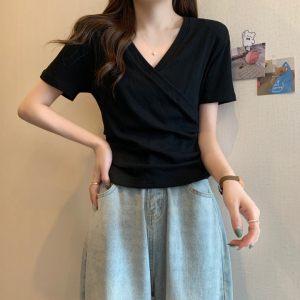 RM13708#交叉v领短袖t恤女夏季修身显瘦短款