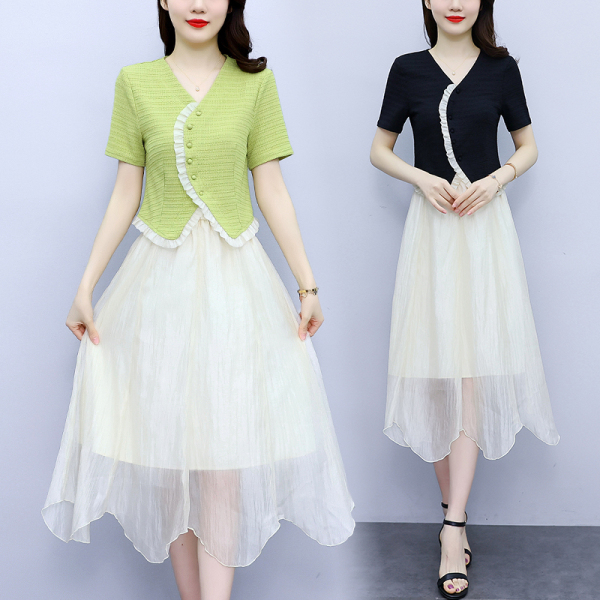 RM7392#大码女装2023夏季新套装连衣裙花边拼接短袖网纱半身裙两件套