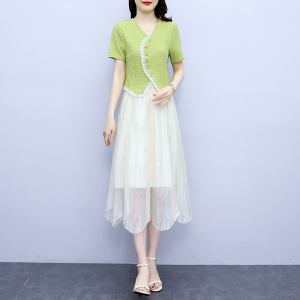 RM7392#大码女装2023夏季新套装连衣裙花边拼接短袖网纱半身裙两件套