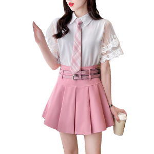 RM4870#原创学院日系清新减龄小个子蕾丝拼接衬衣百褶裙套装
