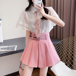 RM4870#原创学院日系清新减龄小个子蕾丝拼接衬衣百褶裙套装