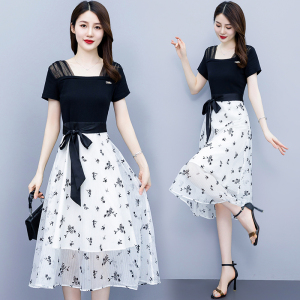 RM5756#方领印花连衣裙女夏装2023年新款收腰系带拼接过膝通勤a字裙