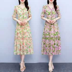 RM4384#短袖雪纺2023夏款连衣裙减龄显瘦气质收腰大码女装贵夫人洋气长裙