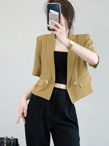 RM8286#姜黄色短袖西装外套女薄款宽松休闲2023高级设计感短款小西服上衣