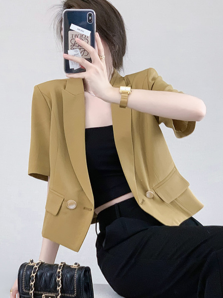 RM8286#姜黄色短袖西装外套女薄款宽松休闲2023高级设计感短款小西服...