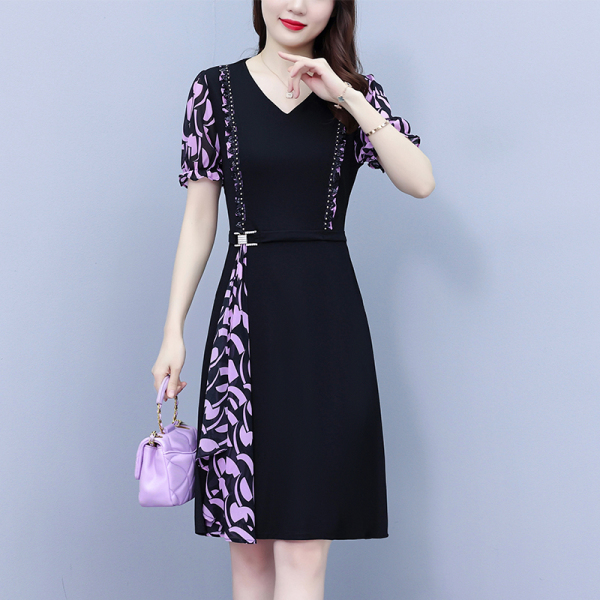 RM6954#大码女装2023夏季新款胖MM优雅气质显瘦拼接短袖连衣裙