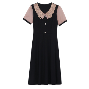 RM6956#大码女装法式小黑裙2023新款夏季女时尚拼接收腰显瘦连衣裙淑女