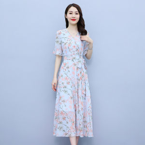 RM5472#喇叭袖碎花长裙2023夏装新款大码女装大摆雪纺连衣裙