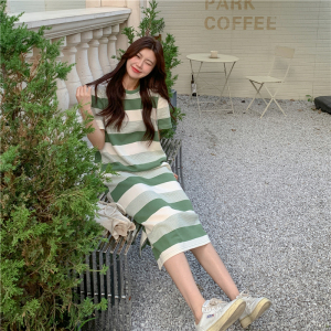 RM16410#珠地夏季条纹韩版ins大码中长款短袖连衣裙女潮
