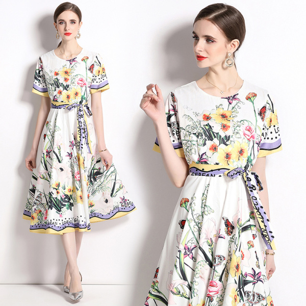 RM5522#春夏新品圆领短袖连衣裙时尚甜美风套头植物花卉印花中长裙女
