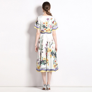 RM5522#春夏新品圆领短袖连衣裙时尚甜美风套头植物花卉印花中长裙女