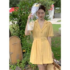 RY1468#韩版女装单排扣气质西装领收腰格子百褶连衣裙