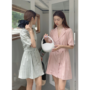 RY1468#韩版女装单排扣气质西装领收腰格子百褶连衣裙