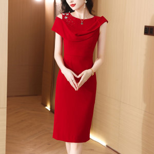 RM5748#夏季西新品钉珠贵妇名媛风超修身短袖夏季大码女装连衣裙女