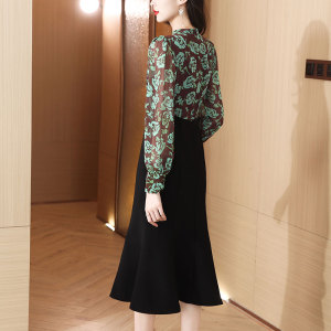 RM5752#夏季新品拼接荷花色设计感中式复古风长袖雪纺灯笼袖连衣裙