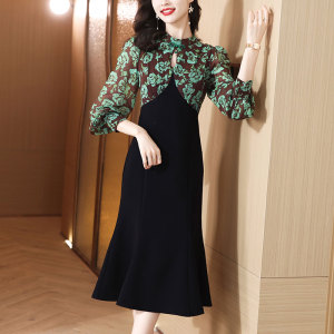 RM5752#夏季新品拼接荷花色设计感中式复古风长袖雪纺灯笼袖连衣裙