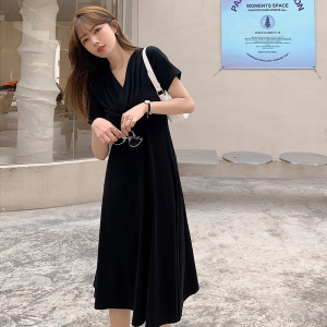 TR18702# 夏季新款韩版女装性感交叉V领收腰纯色短袖连衣裙 服装批发女装服饰货源